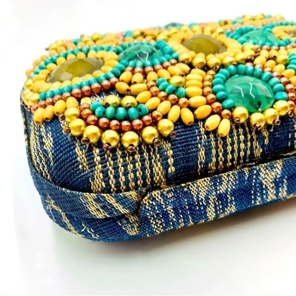 Auth Rafe Minaudière Beaded Boho Canvas Box Clutch Gold-Tone Chainlink Strap